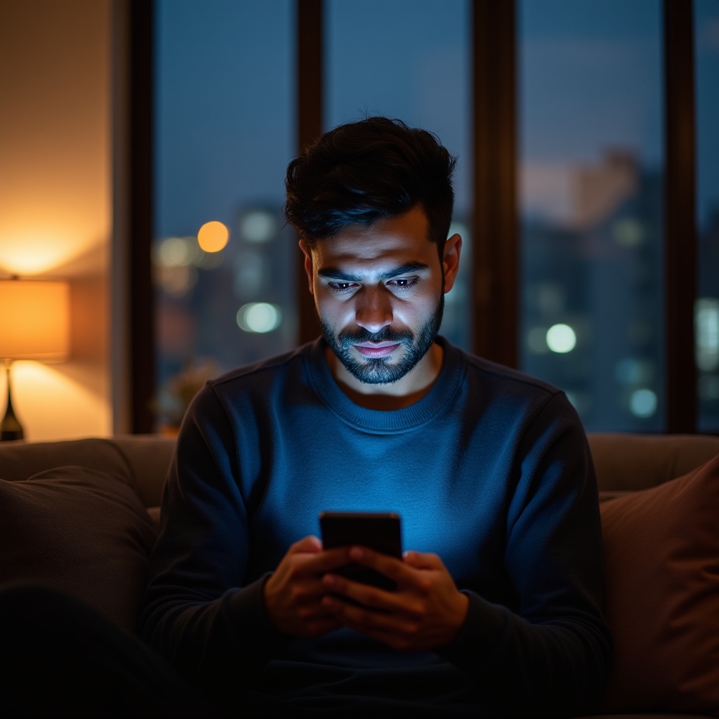 Muž pozerá na telefón s výrazom váhania počas online nákupu